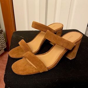 Soludos brown leather, midi block heel, two strap sandal; size 6; NWT